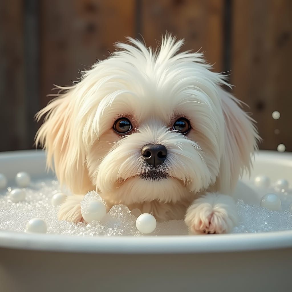 havanese dog with long hair in a tub with bubbles, realistic...