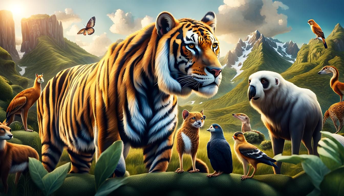 a photorealistic world where every animal lives in harmony. ...