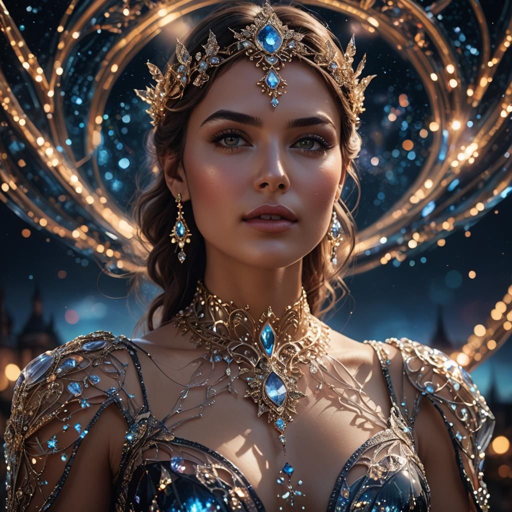 Close up portrait of a beautiful woman wearing an intricate ...