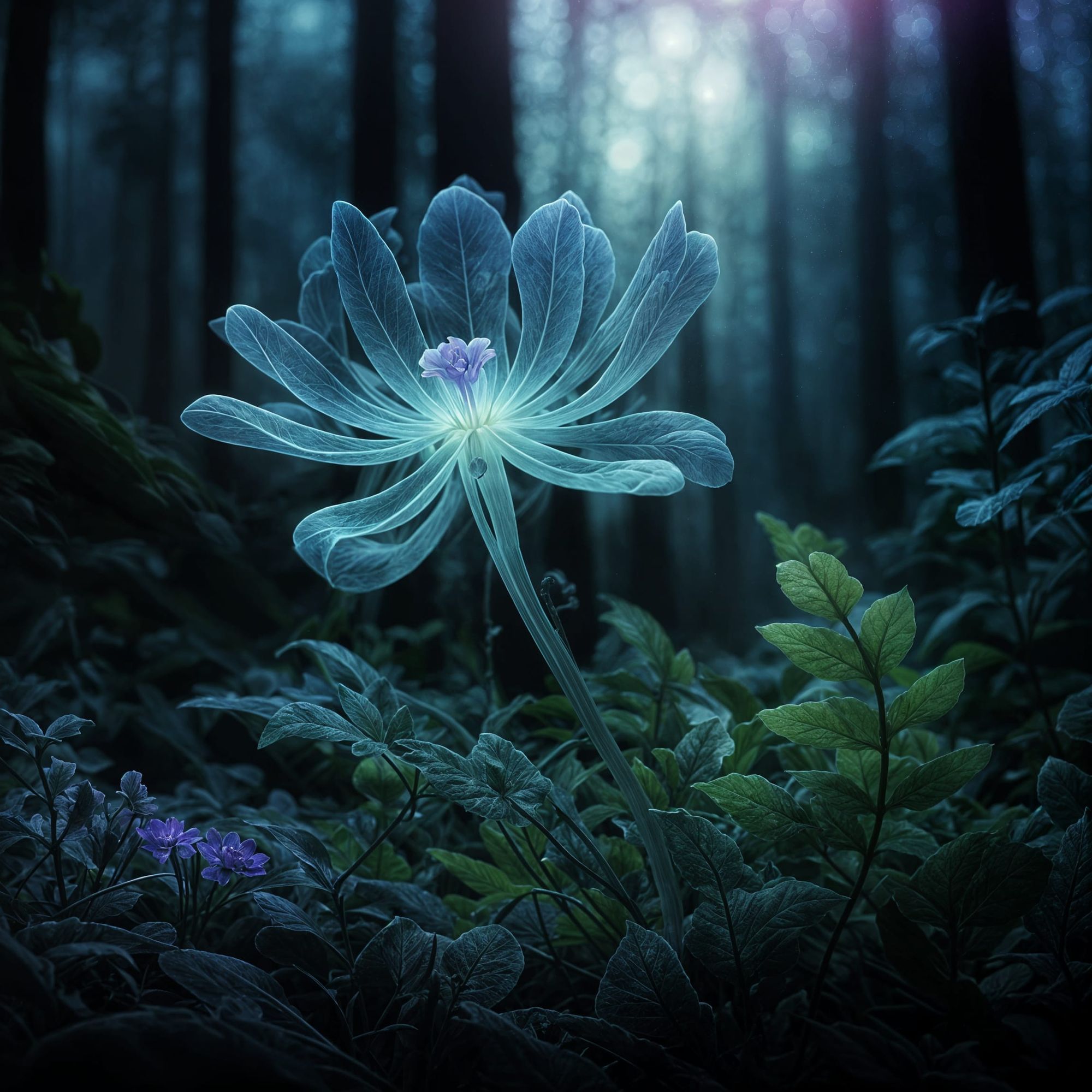 Translucent bioluminescent flowers glowing against the darkness of the forest at night. magical. closeup of a single flower