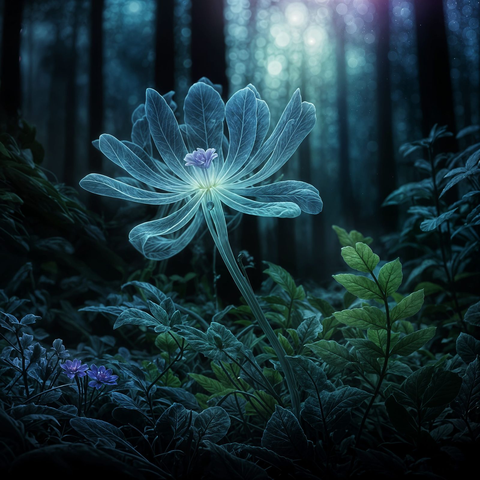 Translucent bioluminescent flowers glowing against the darkness of the forest at night. magical. closeup ...  by @justanotherperson