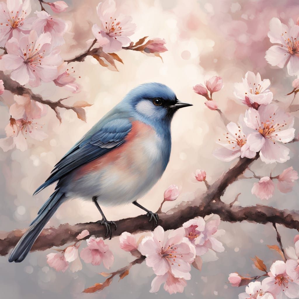 A gray-and-blue bird, positioned slightly to the left of center, sits amongst a profusion of cherry blossoms. ...  by @Mike