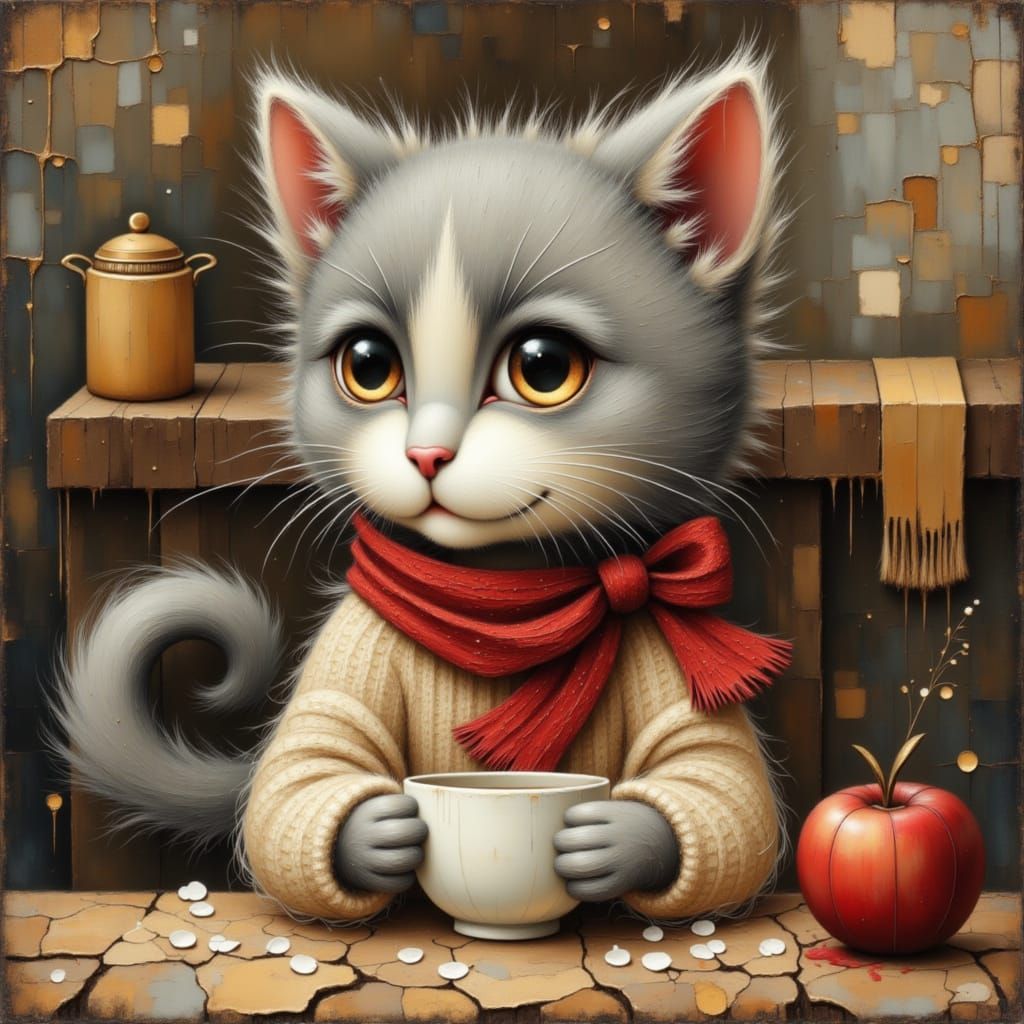<lora:Shadow whimsy:1.0> <lora:Golden Art by GO-888:1.0> <lora:Digitalism4Art-Style:1.0> <lora:Moonchild:1.0> Grey and white cat holding a c...
