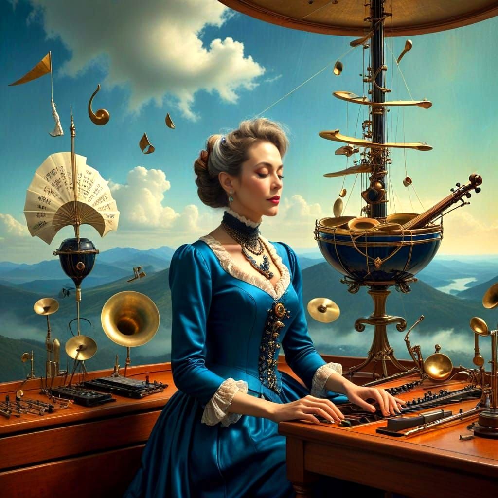 Surrealistic Portrait of a Happy Lady Playing Music