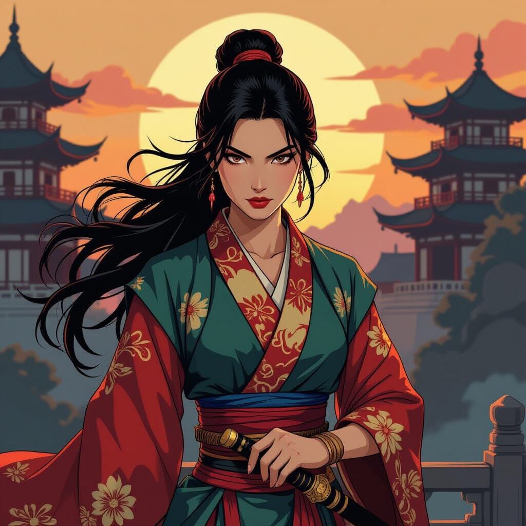 Heroic Warrior Woman in Ukiyo-e Style