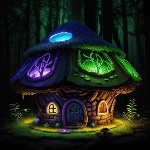 A fairy mushroom house in an enchanted bioluminescent forest...