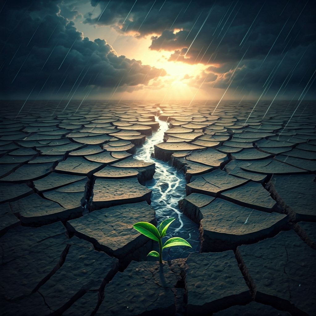 Tiny Sprout Emerges from Dry Earth Amidst Rain