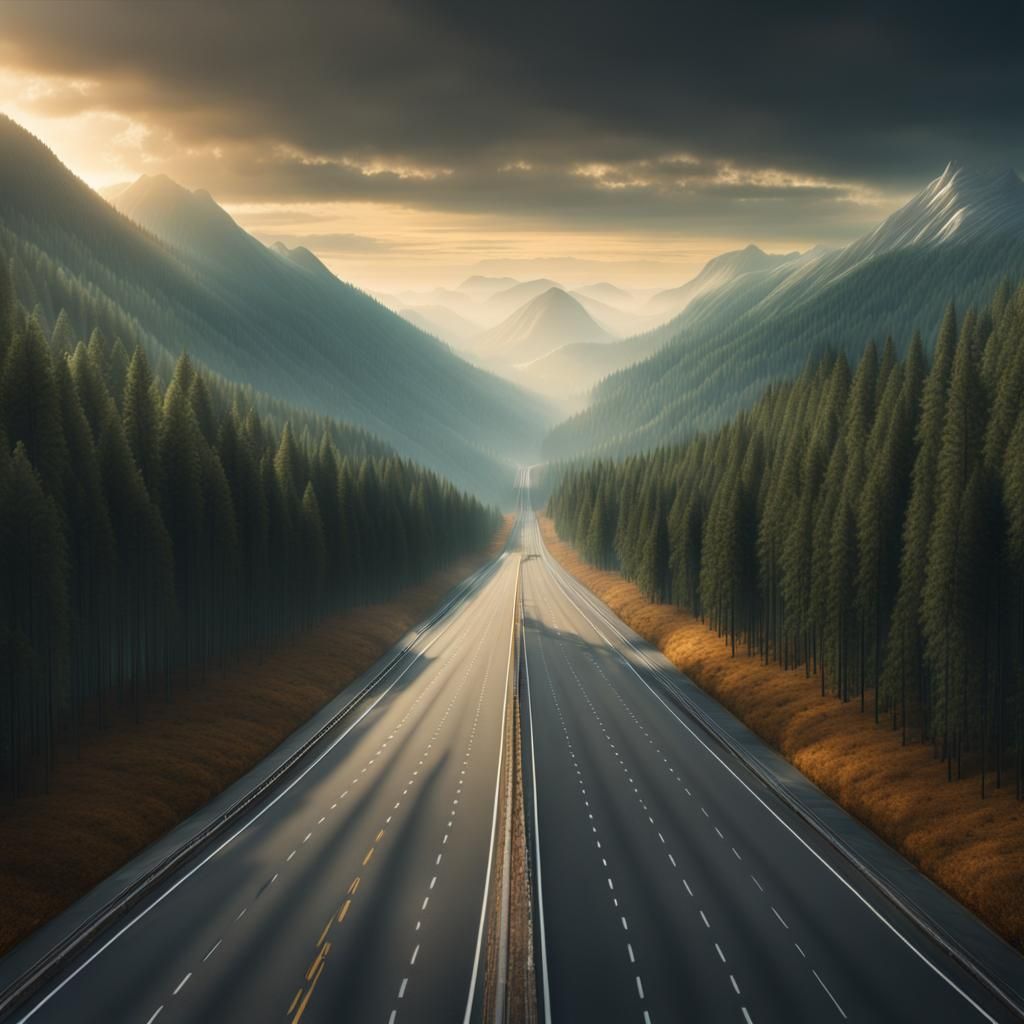 A super Highway running through a forest with hills and tree...