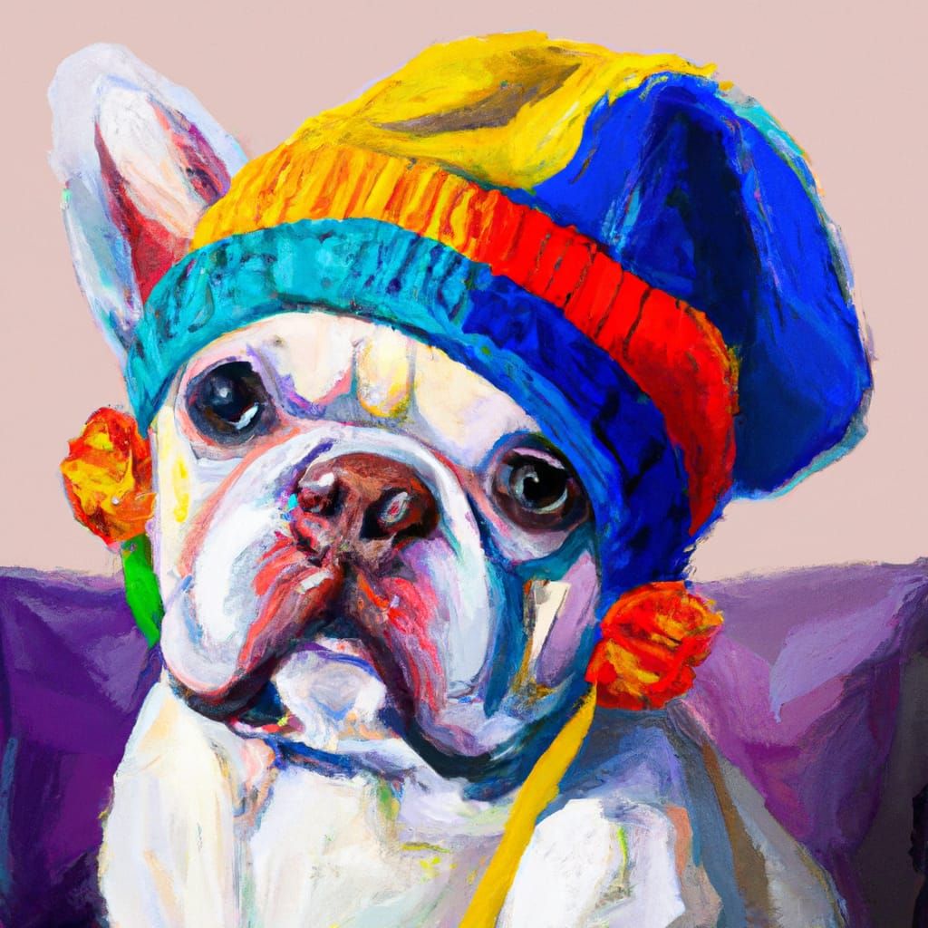 Oil painting of curious french bull dog with beanie. Colourf...