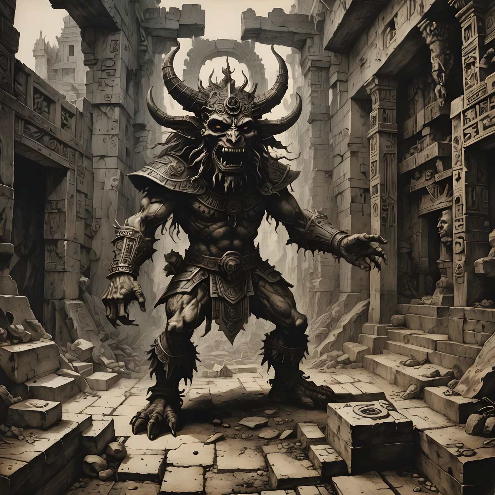 a chaos demon in an Aztec ruin,