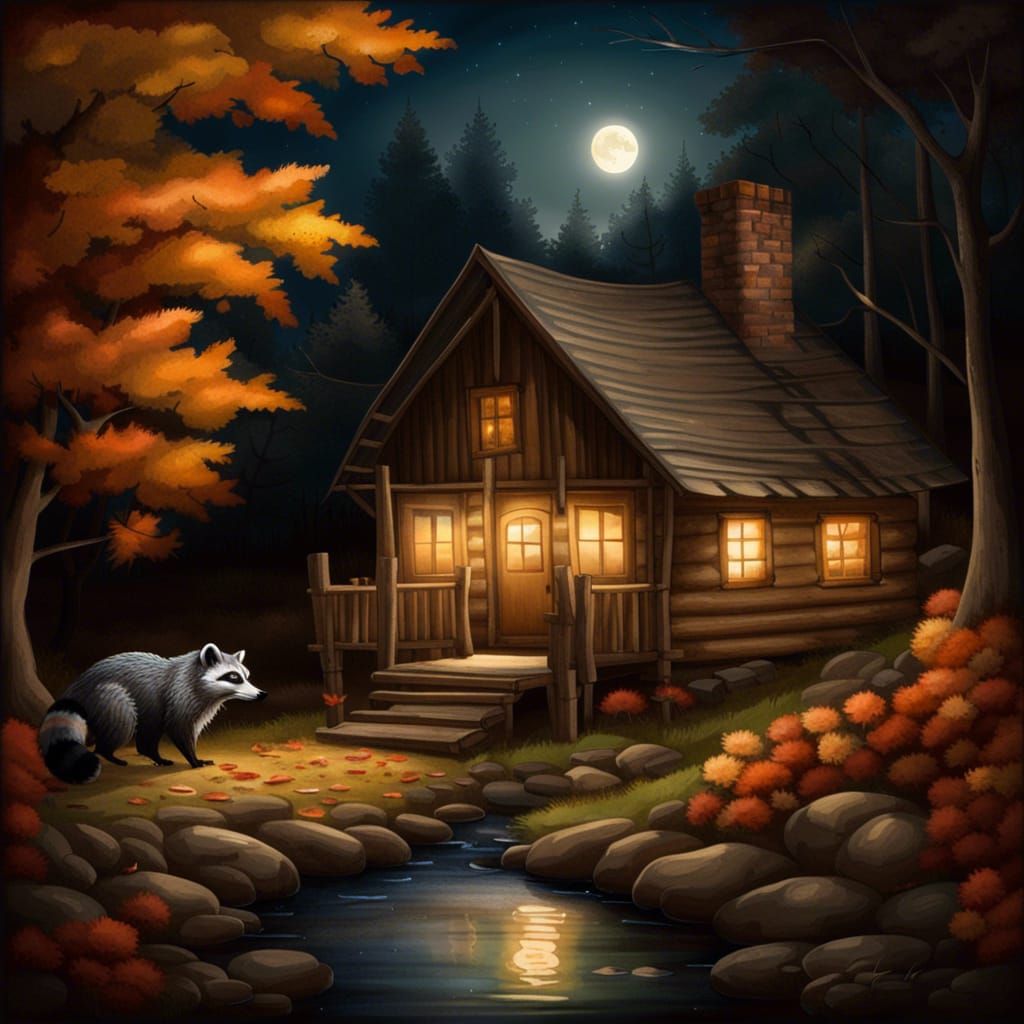 cozy cabin in the woods at night, full moonlit night, a litt...