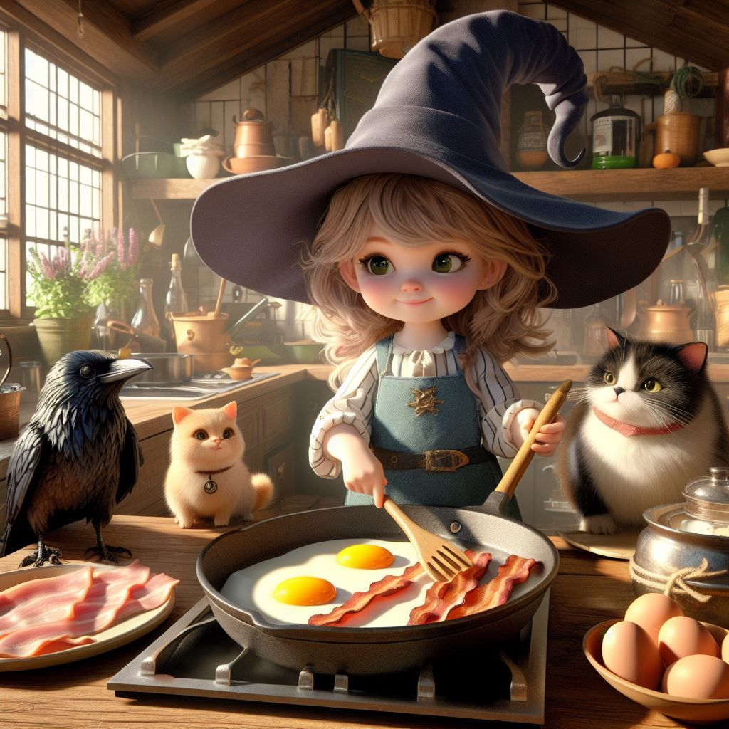 Cutest Witch preparing english Breakfast, beside her Crow an...