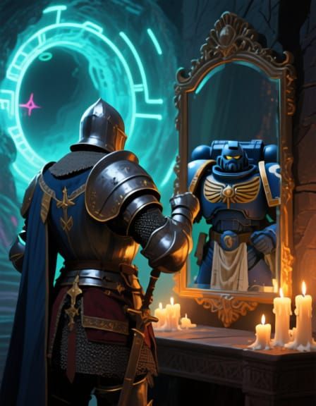 Medieval  Knight in traditional armur, in powerful artistic poses in front of a temporal mirror alongside the mirror a Warhammer 40.000