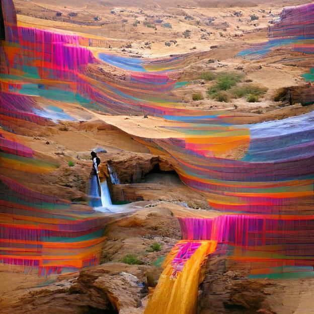 A colorful waterfall in the middle of the dessert