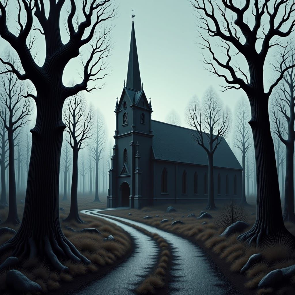 <lora:MrsH Darkling:1.0> a striking and surreal gothic landscape, bare trees, gothic church with tall steeple, eerie atmosphere 