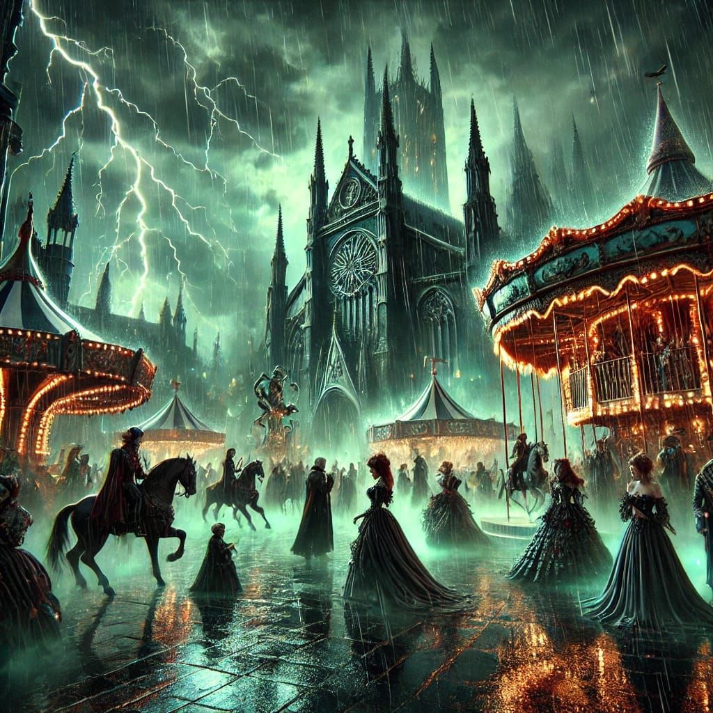 A gothic carnival at the witch's manor, blending eerie charm with necromantic magic. The scene features shadowy rides, g...