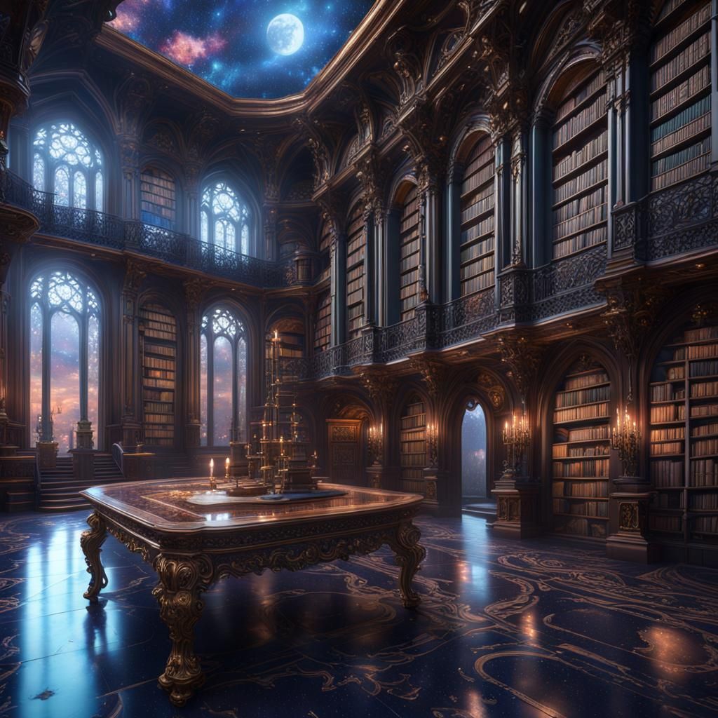 Large Galaxy inspired gothic rococo Library with reflective ...