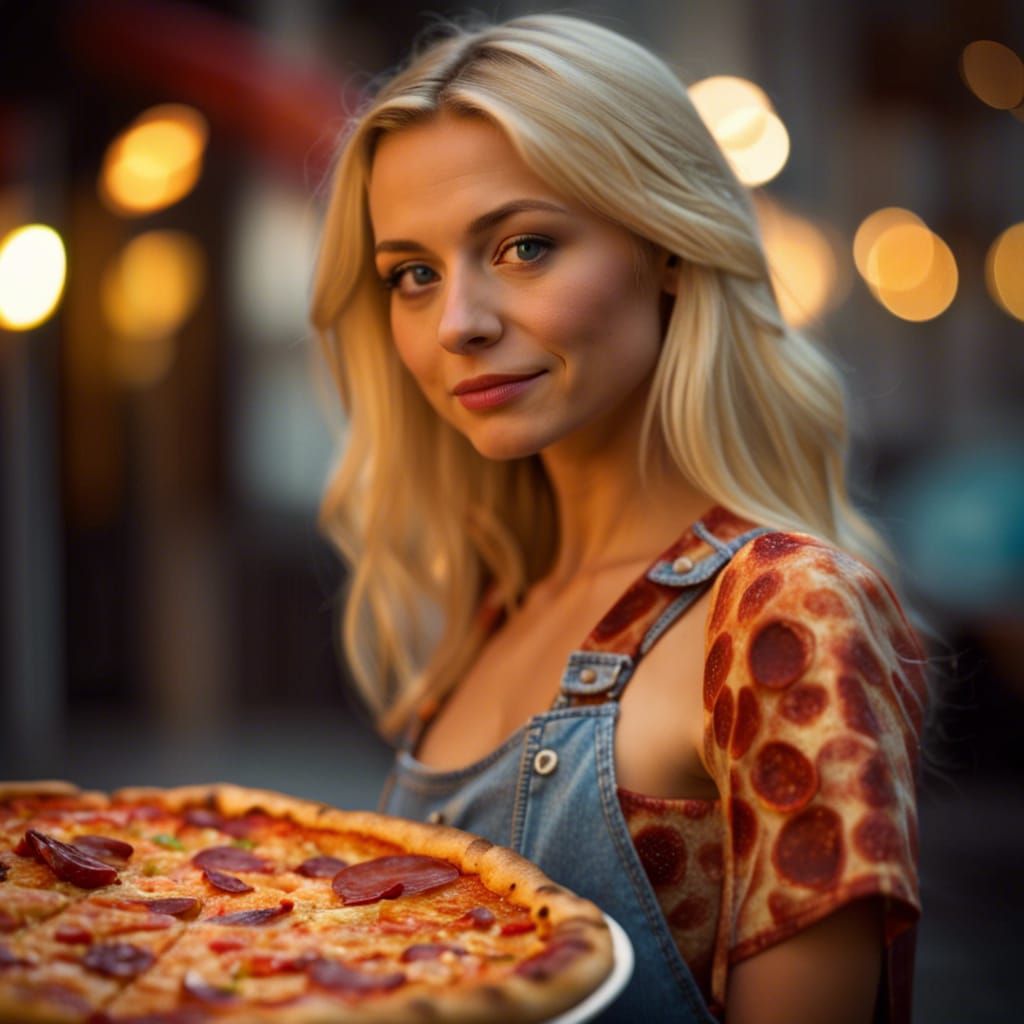 She likes pizza too much.She wears clothes made of pizza. AI
