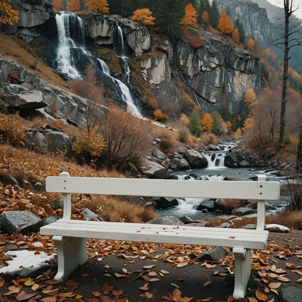 autumn Park, white bench. falling leaves and waterfall. snowed in mountain in the background.