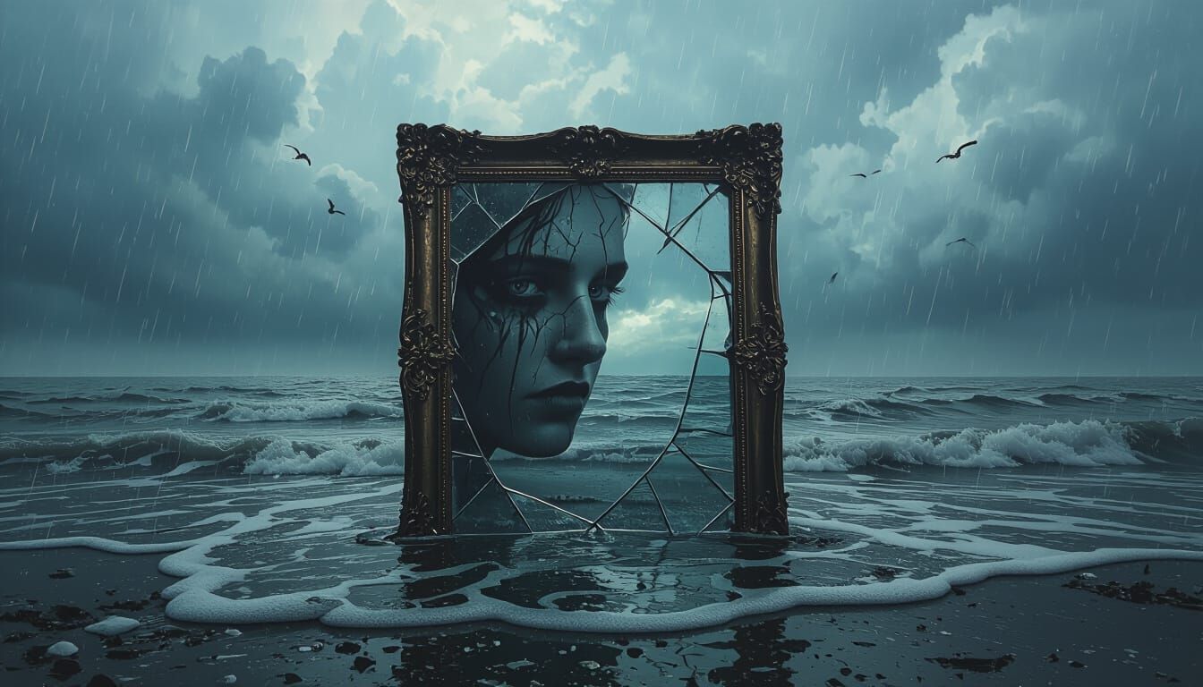 My reflection staring back at me in a broken mirror within the sea, 