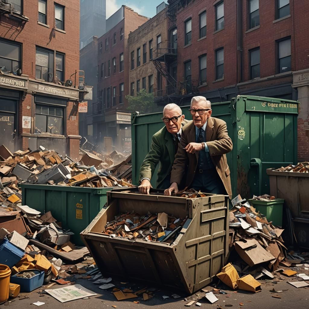 George Burns digging through a dumpster in Chicago