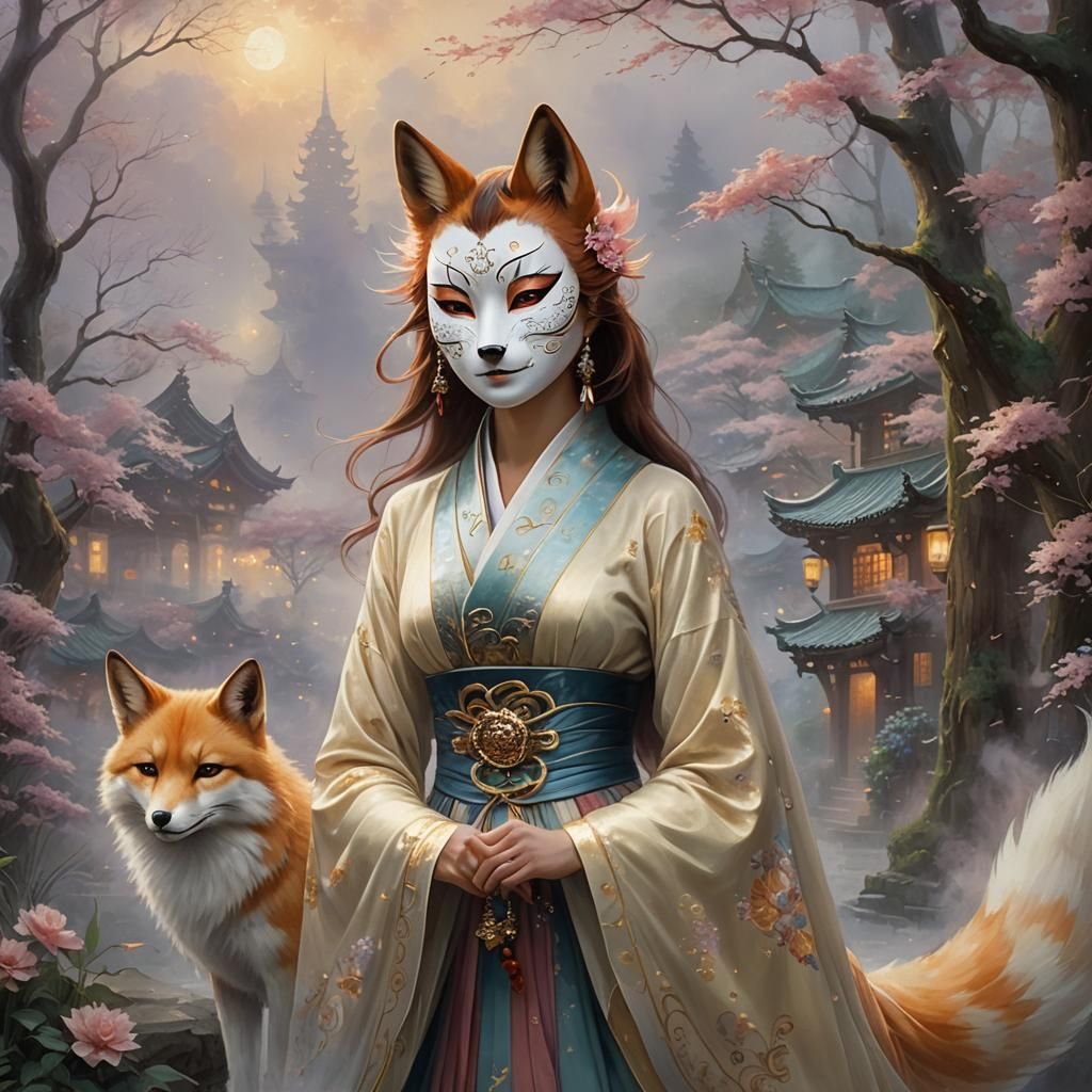 A woman wearing a kitsune mask