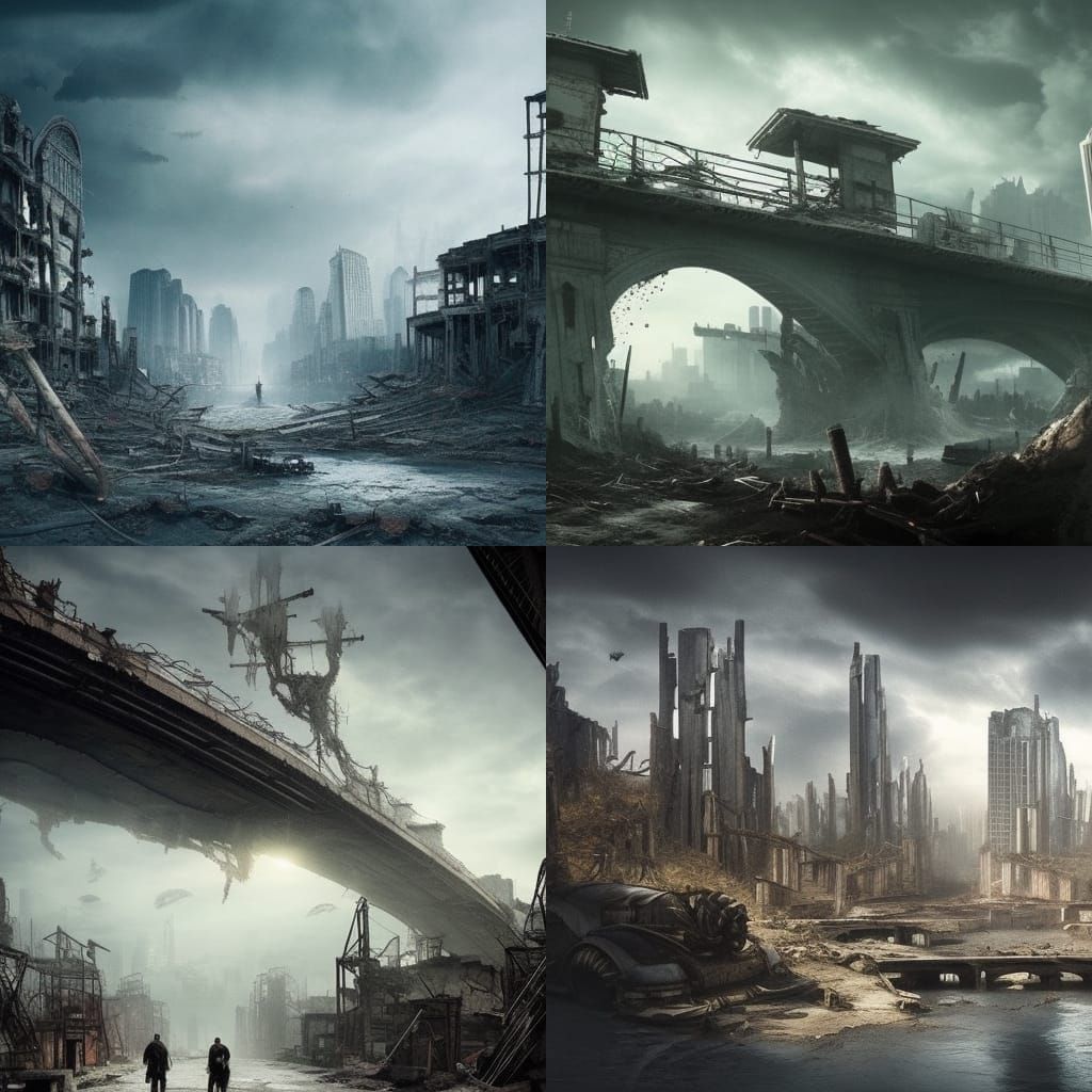 broken bridge in a post-apocalypse city - AI Generated Artwork ...