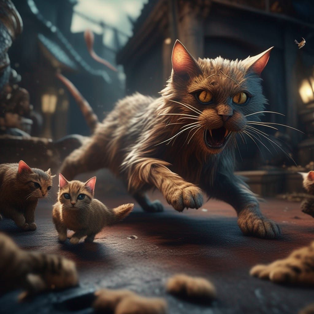 Cats chasing mouse seriously working