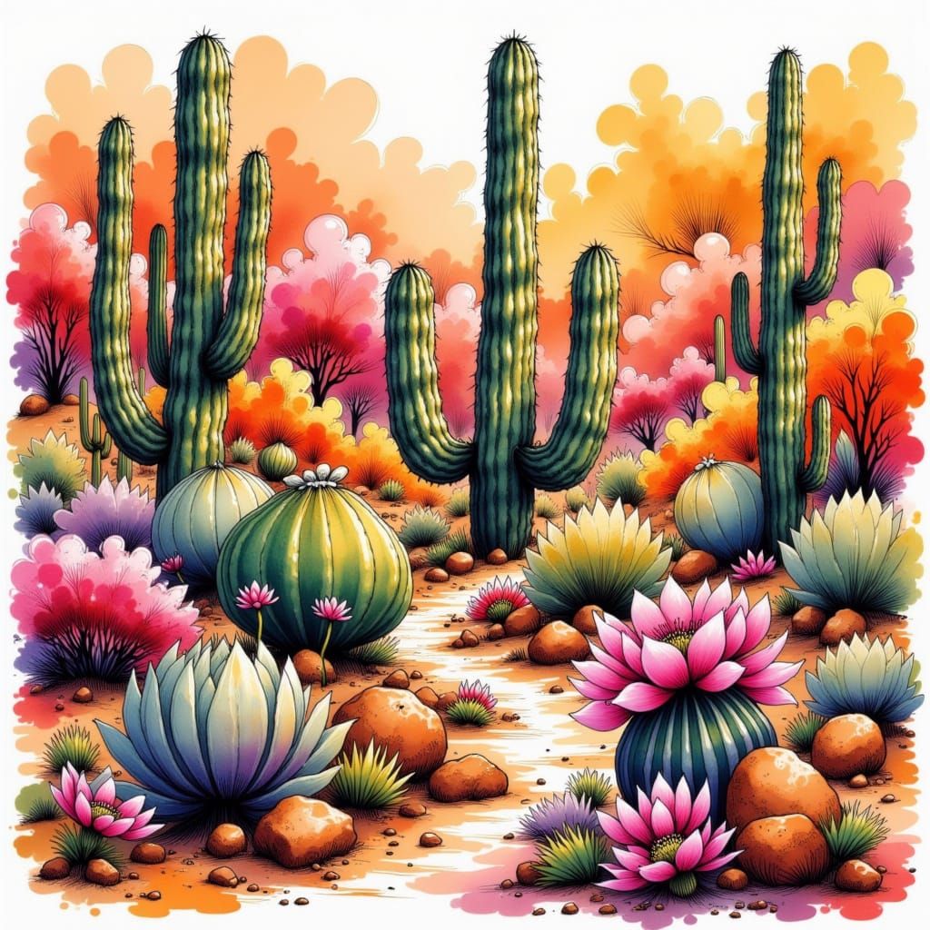 <lora:Wet ink sketch:1.0> Spanish adobo desert flowers and blooming cactus colored wet ink sketch