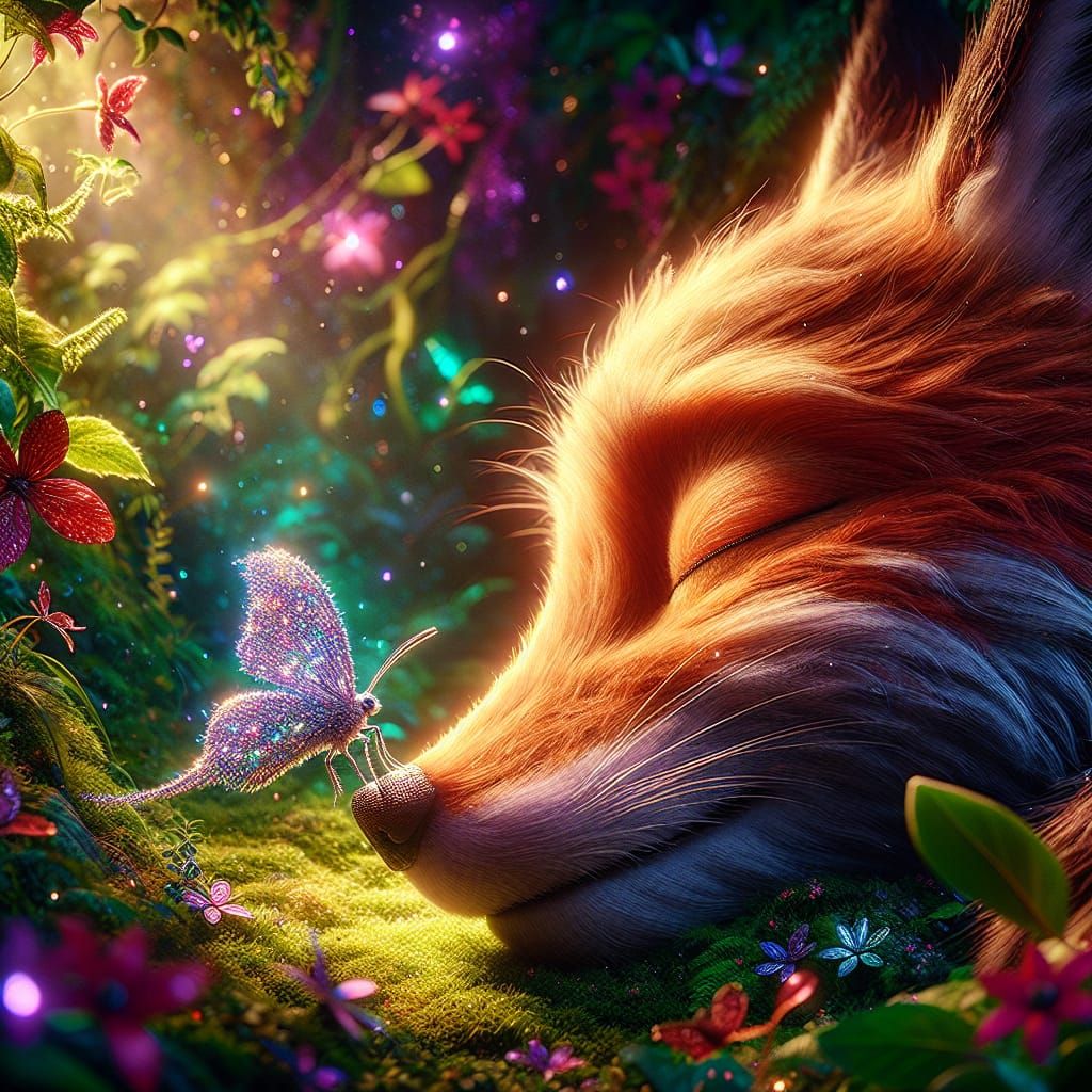 Gentle touch of a butterfly perched on the nose of a sleeping fox in the heart of a magical garden  by @Lolof