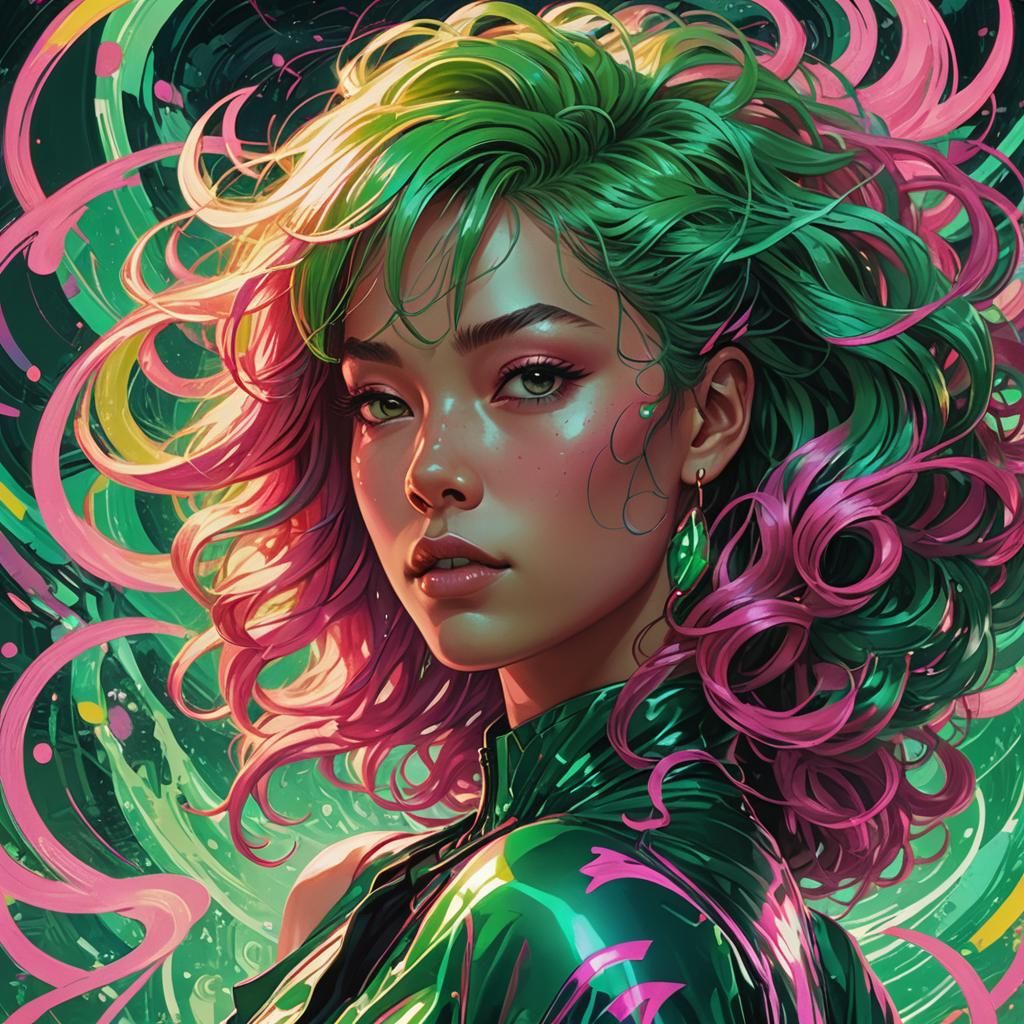 a colorful woman with colorful hair, in the style of martin ansin
