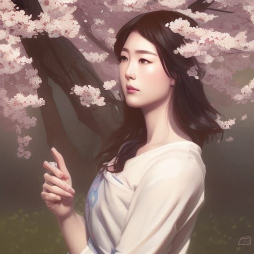 Japanese woman standing near cherry blossom tree