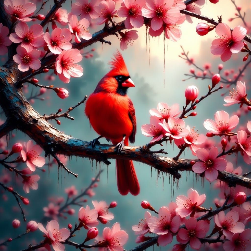 A red cardinal sitting on a branch of a blooming cherry blossom tree. <lora:Impasto-Grunge:1.0> 