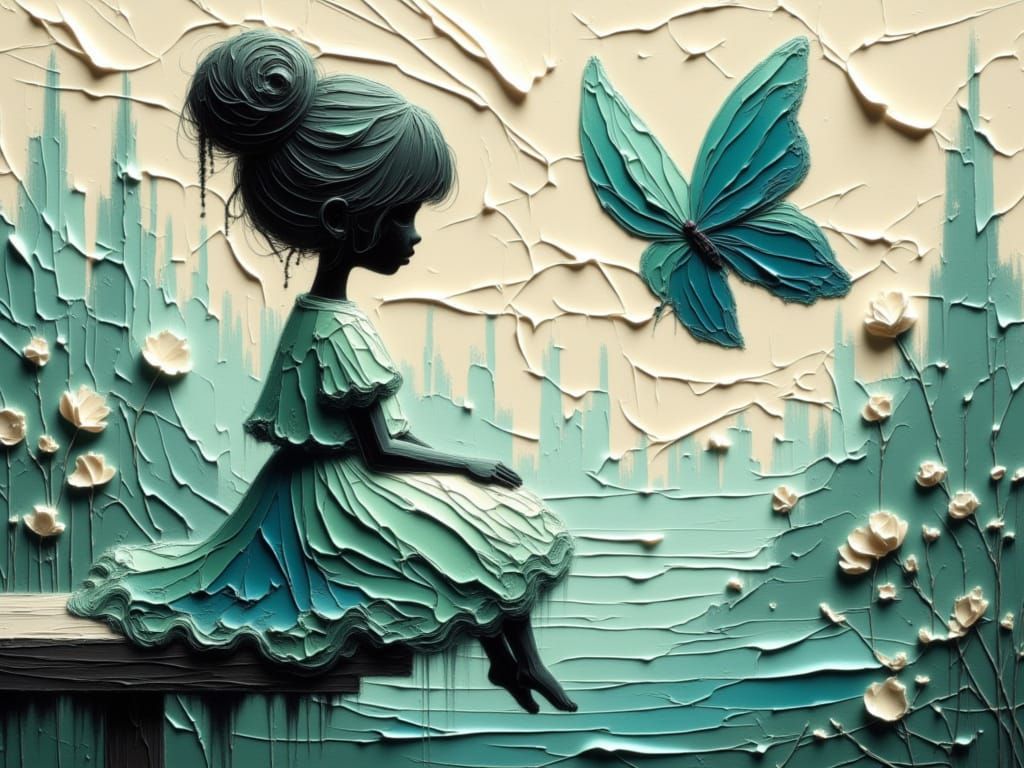 <lora:Moonchild:1.0> Une chenille miniature sur une branche faisant face a un papillon monarque bleu de très grande taille. Donnez une impre...