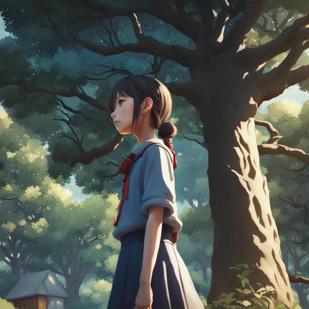 a perfect composition of a girl outside looking at a tree