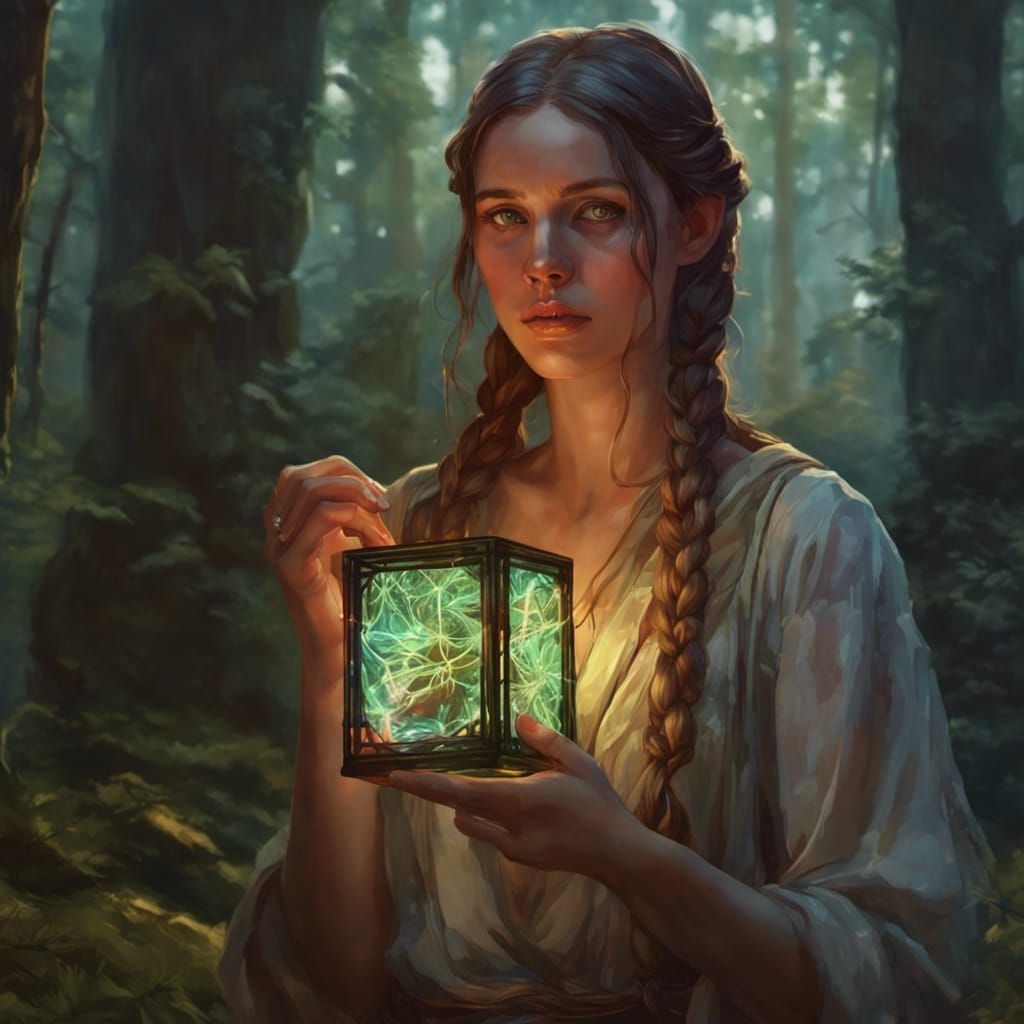 In a forest an olive skinned young woman with long brunette ...