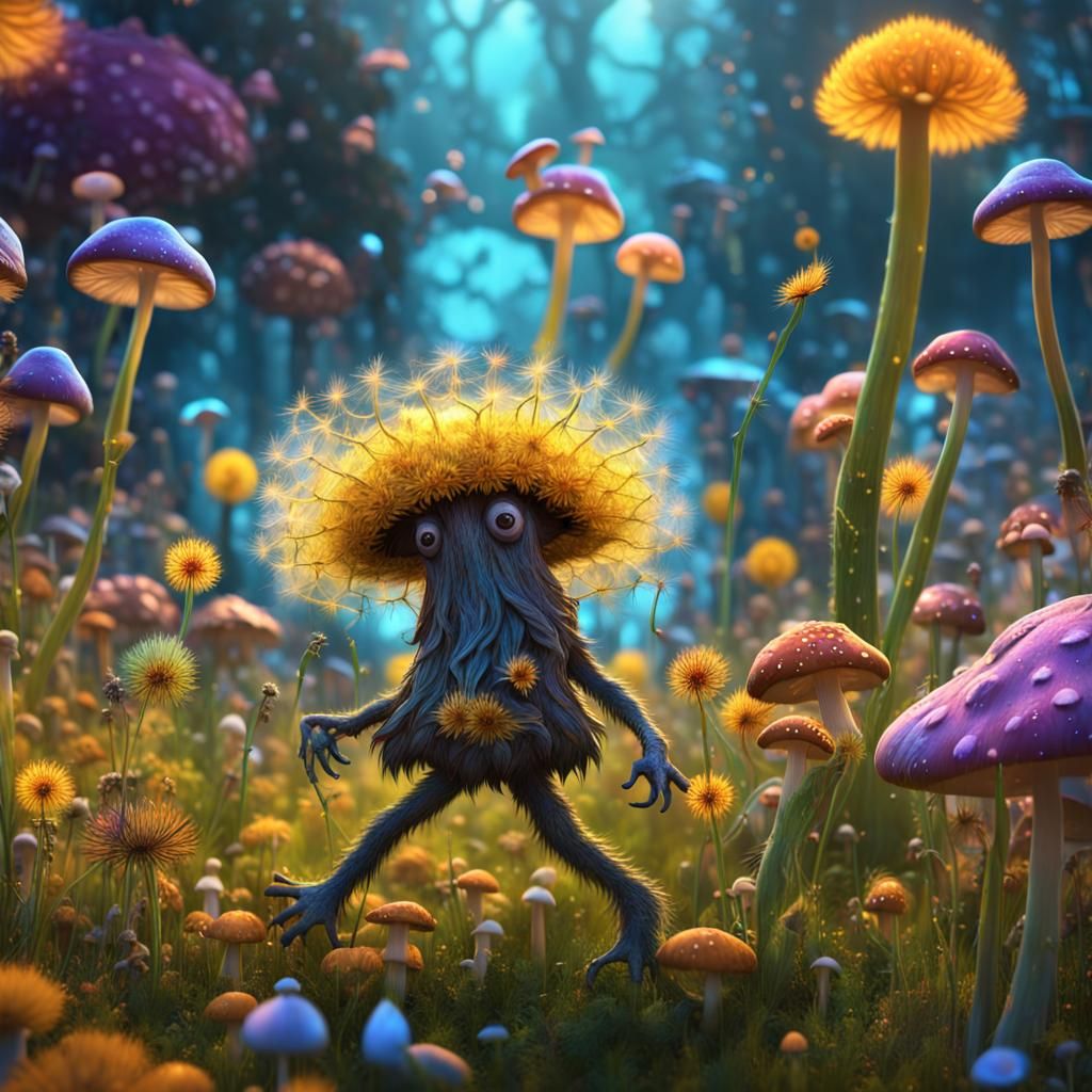 Many Dancing dandelion creatures with big smiles, hyper real...
