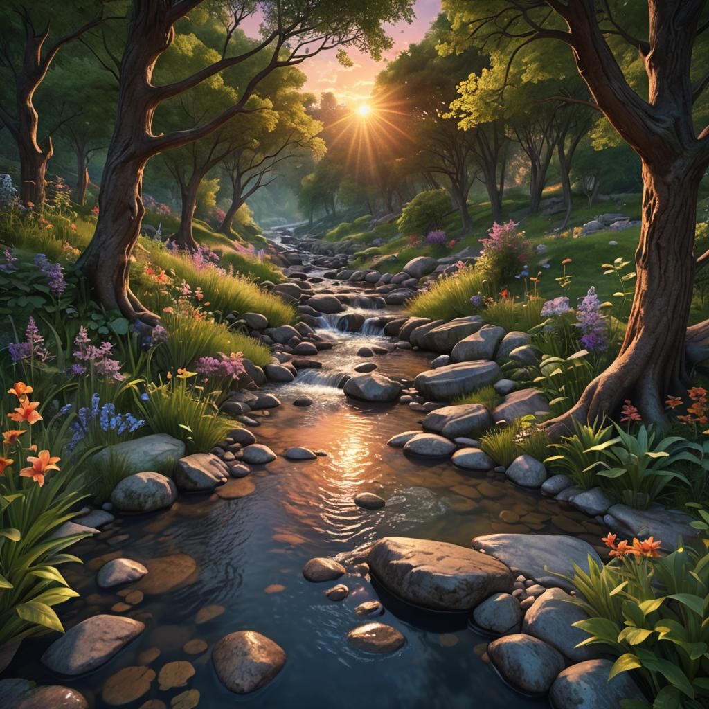 Generate intricate detail seek moments of tranquility , by a peaceful, quiet running brook. the background is a colorfu...