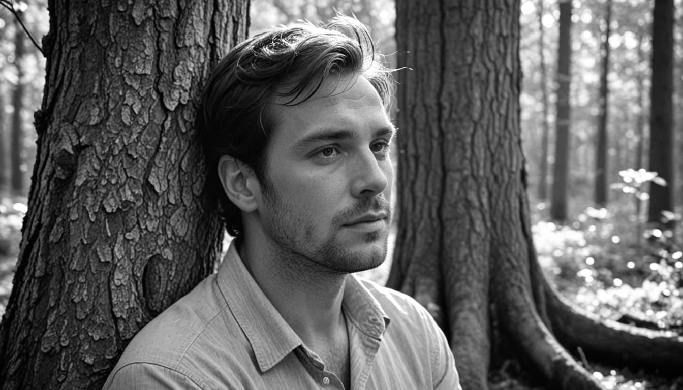 A Man at Rest in the Woods, in Black and White