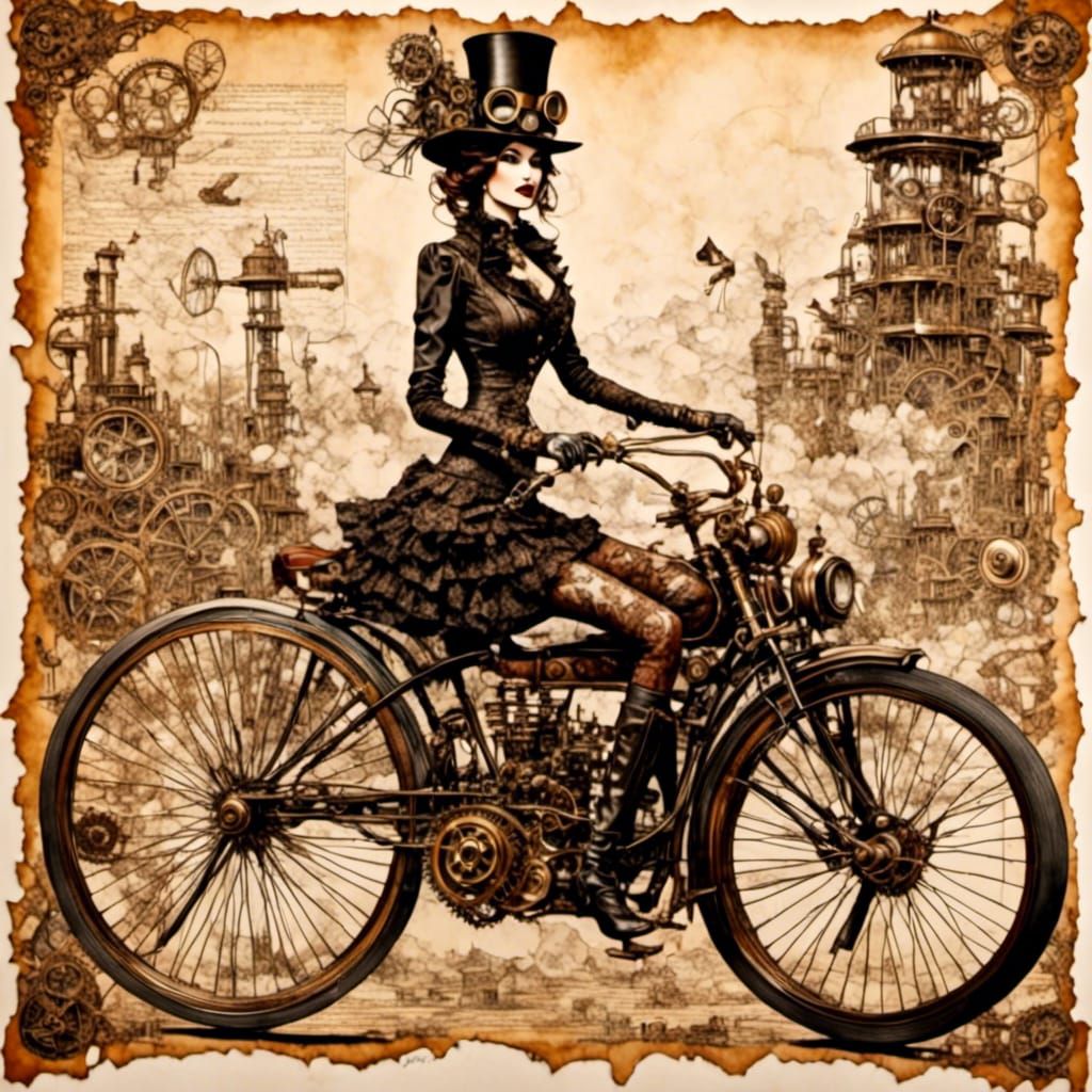 <lora:Epic Steampunk:1.0> <lora:MixedMediaCollage:1.0> Steampunk woman, tophat, riding a motorized bike through countryside :: ink on vignet...