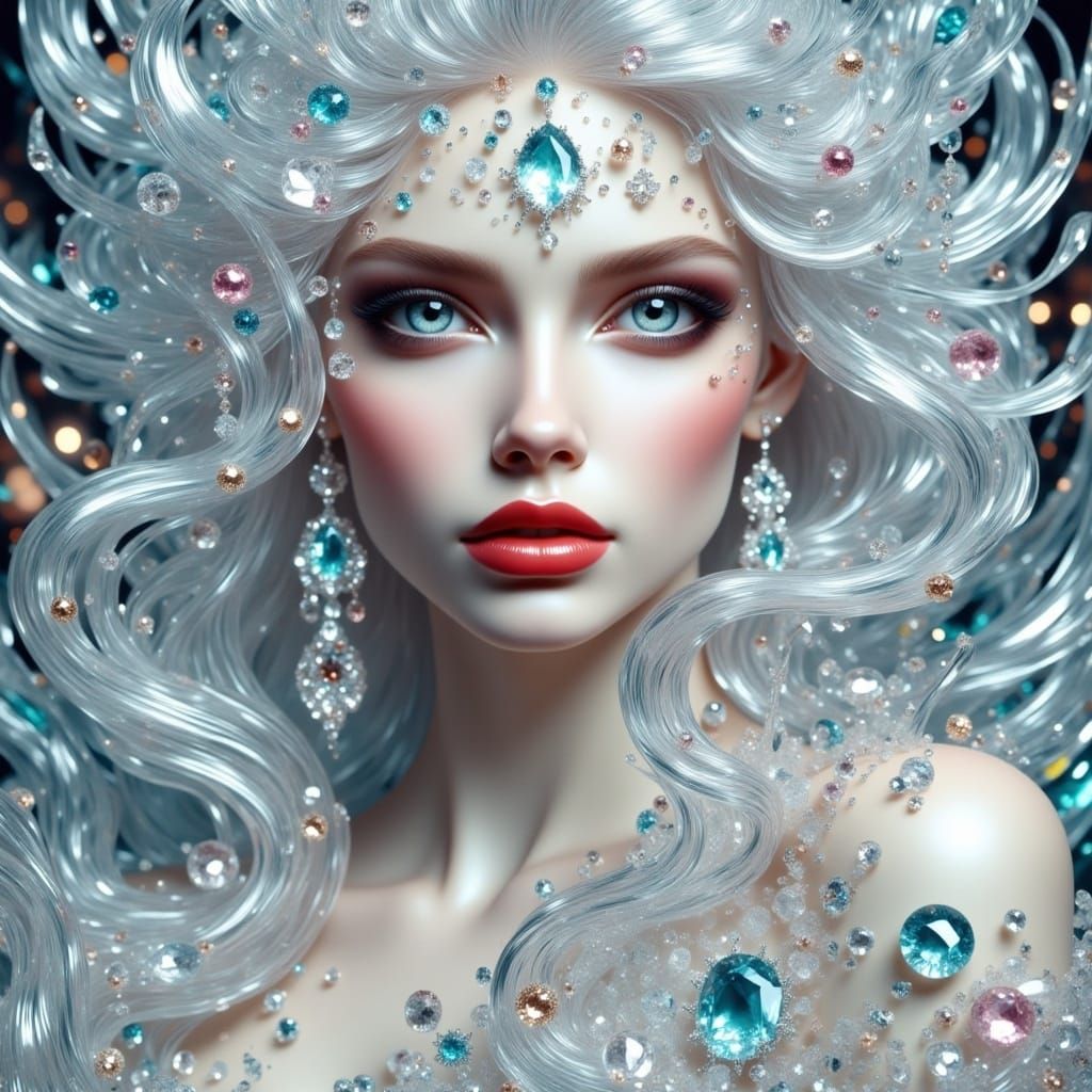 <lora:Crystal Glass Flux:1.0> Stunning woman made of transparent white crystal, covered in shining jewels, sea-colored eyes, shiny red  lips...