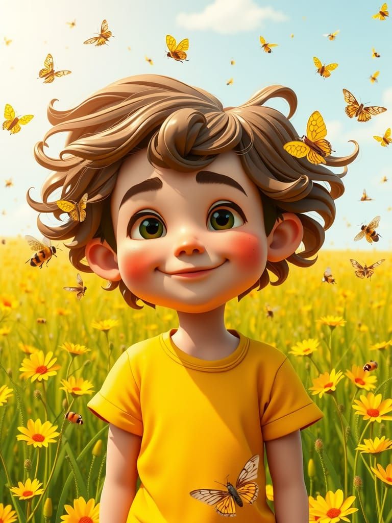 a boy with curly hair and yellow shirt, in the style of rendered in cinema4d, charming characters, i can't believe how beautiful this is, ru...