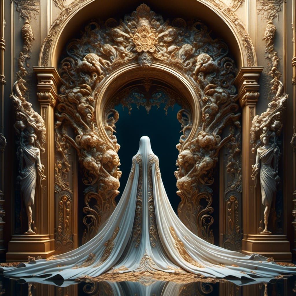  <lora:WickedlyFaceFusion:1.0> A figure standing beneath a decorative archway, draped in flowing robes