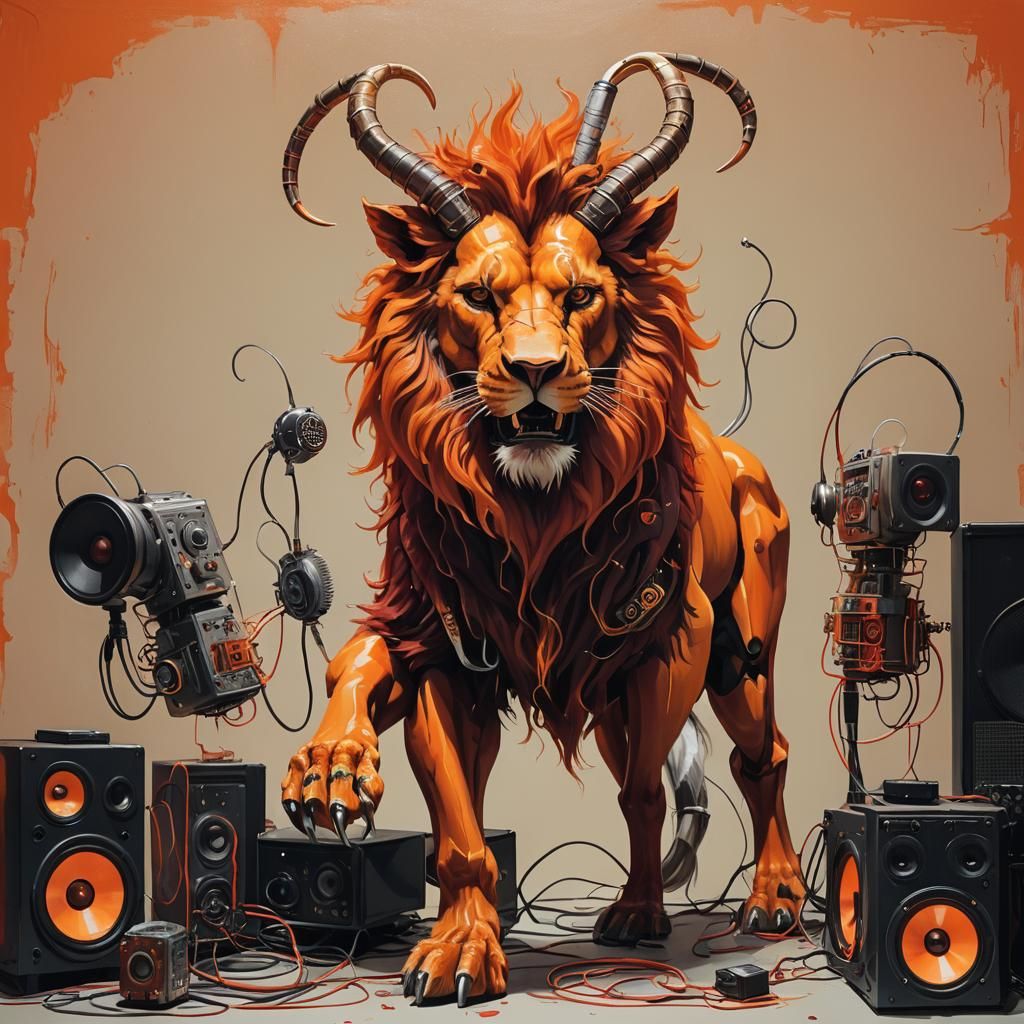 Lion and goat mixture animal with curled horns looking feroc...