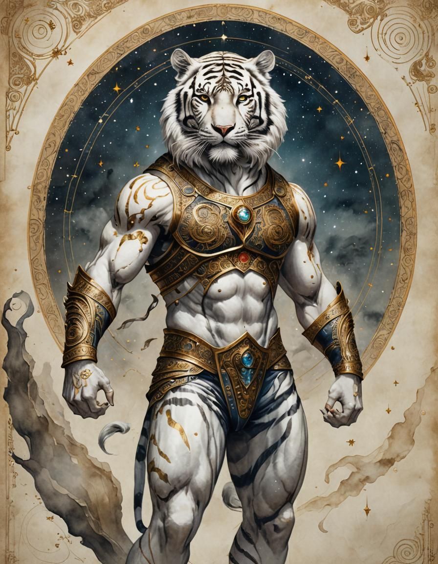 Tiger Warrior on Parchment in Dark Fantasy Graffiti