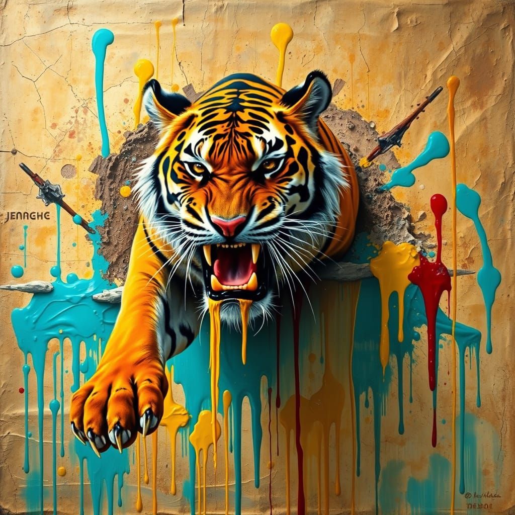 A fierce-faced tiger leaps out of a dripping paint stain
and its mouth is dripping yellow, brown and ...  by @NOSHF