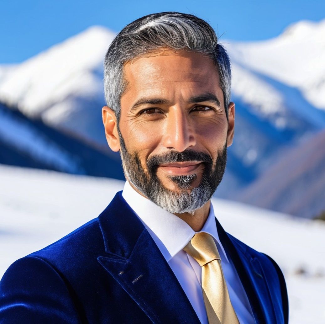 A handsome silver-bearded man wearing a blue velvet suit