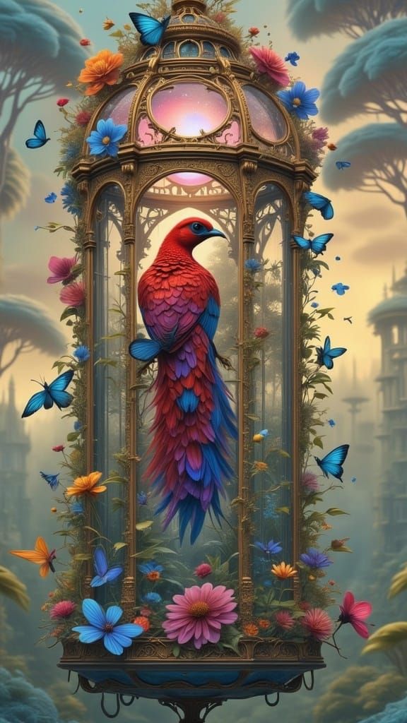 <lora:BLUEBIRD MILLENNIUM:1.0>
UKIO-E AN ANTIQUE RED PEACOOK INSIDE A FILIGREE GEORGIAN-STYLE CAGE, COLOURFUL-FLOWERED CREATION, 
3D FRACTAL...