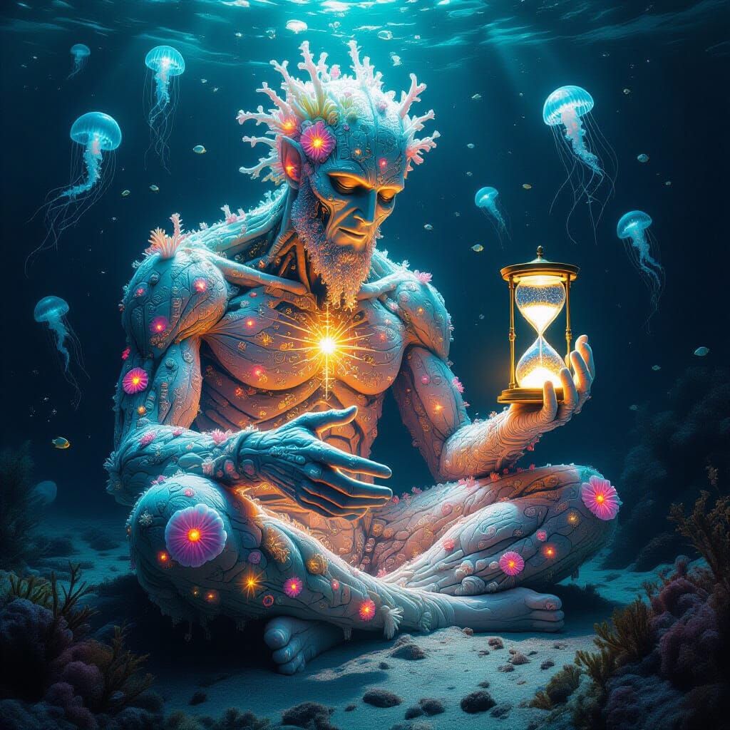 In the serene, silent depths of the ocean, a colossal, ethereal sculpture of a human-like figure sits ...  by @Emerald_Purr