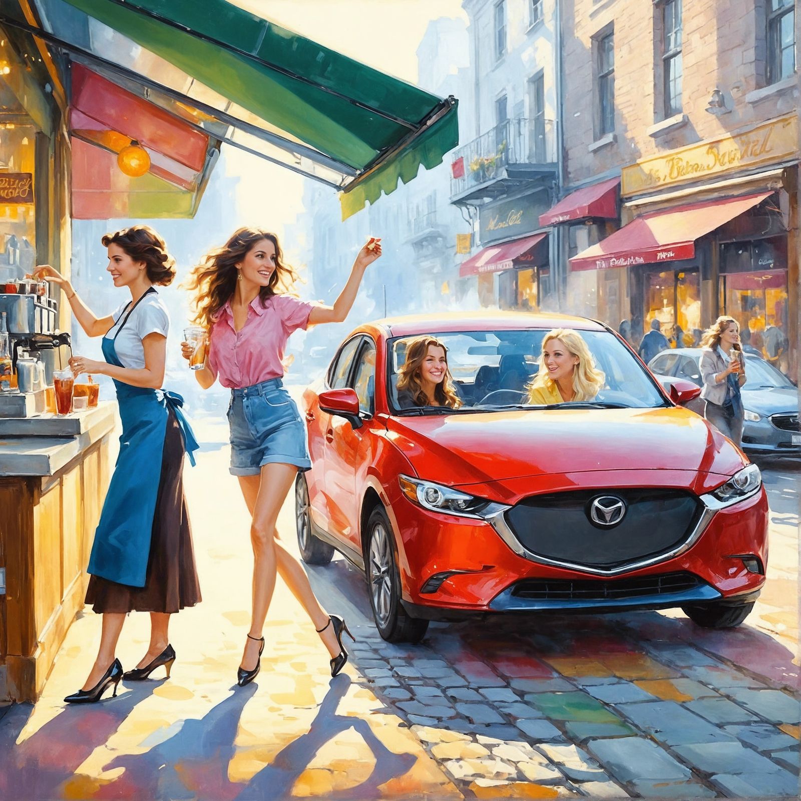 Imagine a vibrant city street with a bustling drive-through ...